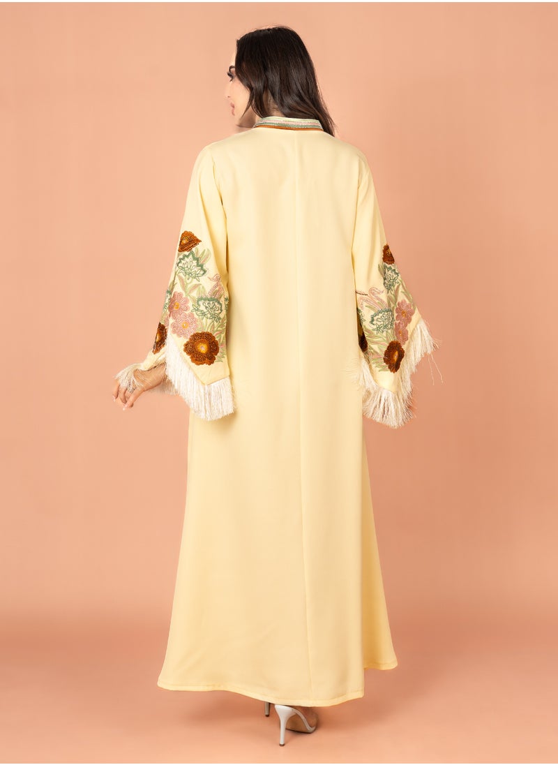 IKKXA Shimmer Detail Sleeves Embroidered Jalabiya Yellow  - Image 4