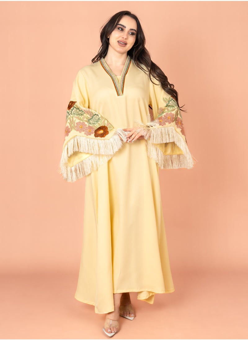 IKKXA Shimmer Detail Sleeves Embroidered Jalabiya Yellow  - Image 5