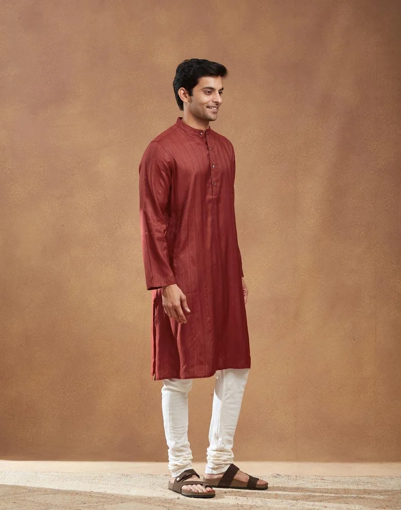 Fabindia Red Viscose Blend Dobby Long Kurta