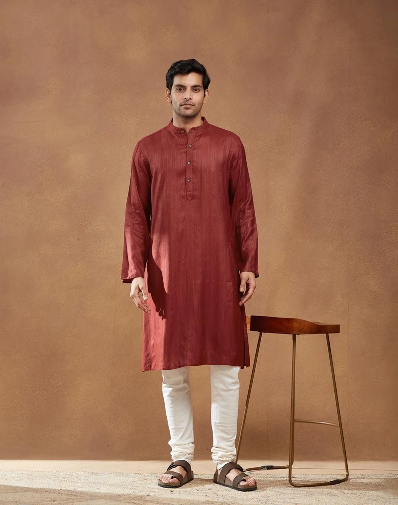 Fabindia Red Viscose Blend Dobby Long Kurta