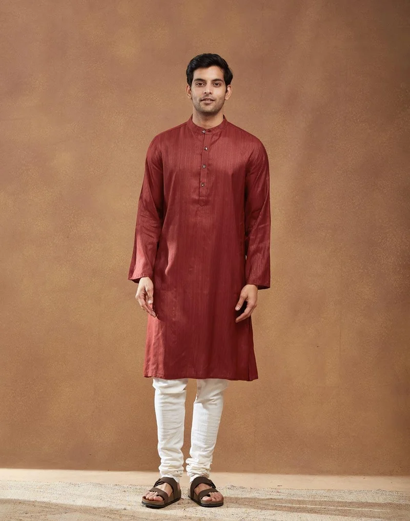 Fabindia Red Viscose Blend Dobby Long Kurta