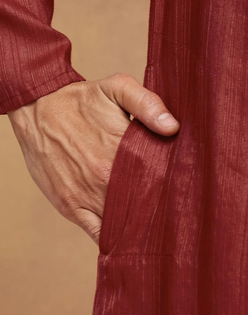 Fabindia Red Viscose Blend Dobby Long Kurta