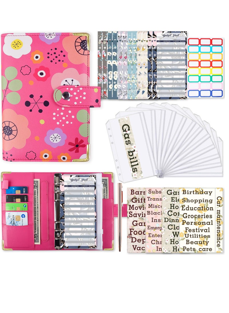 Excefore A6 PU Leather Budget Binder with 52-Week Savings Challenge Savings Challenges Book and Cash Envelopes, Includes Cash Envelopes and Trackers, Pink Flower - Image 1