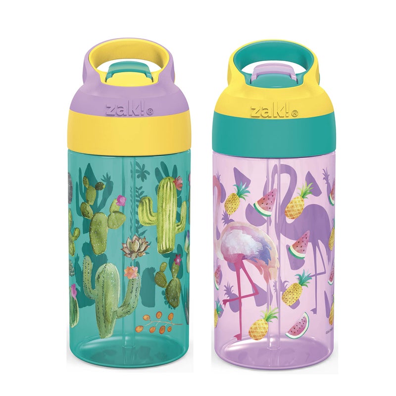 Zak Designs 16oz Riverside Desert Life Kids Water Bottle with Straw and Built in Carrying Loop Made of Durable Plastic, Leak-Proof Design for Travel, 2PK Set - Image 1