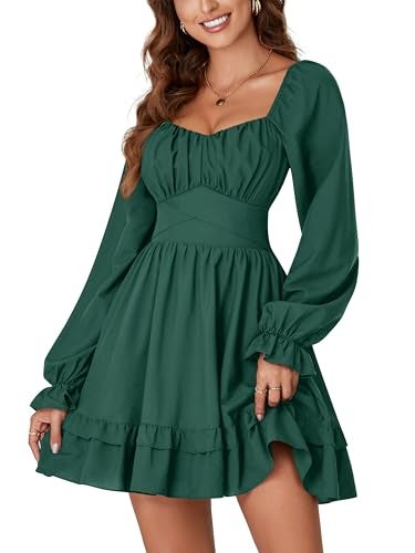 KIFOVEN Women's Lantern Long Sleeve Smocked Wrap Tiered Ruffle Flowy A Line Short Mini Dress Dark Green X-Large - Image 3