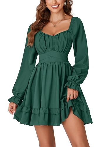 KIFOVEN Women's Lantern Long Sleeve Smocked Wrap Tiered Ruffle Flowy A Line Short Mini Dress Dark Green X-Large - Image 1