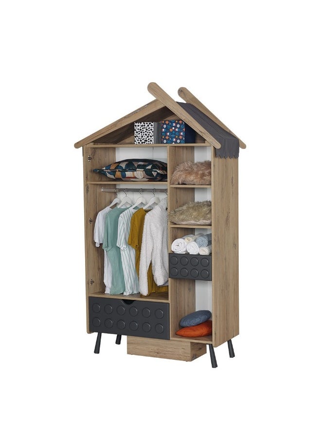 DANUBE HOME Bricks 3 Door Wardrobe With 2 Drawers Extra Sturdy Closet, Clothes Storage Cupboard Modern Design Space Saving Swing Door Cabinet For Bedroom L55.6xW221.1xH160.2cm - Oak And Red/Grey  - Image 2