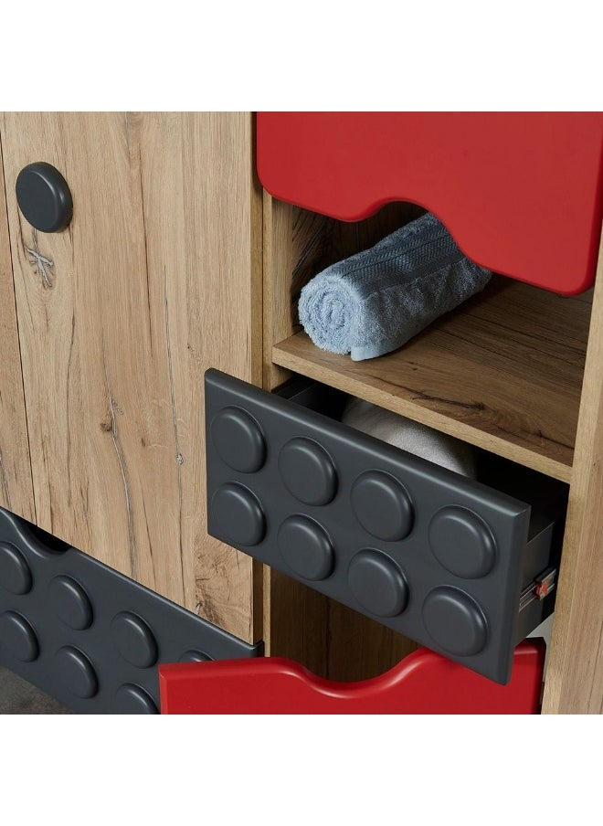 DANUBE HOME Bricks 3 Door Wardrobe With 2 Drawers Extra Sturdy Closet, Clothes Storage Cupboard Modern Design Space Saving Swing Door Cabinet For Bedroom L55.6xW221.1xH160.2cm - Oak And Red/Grey  - Image 5