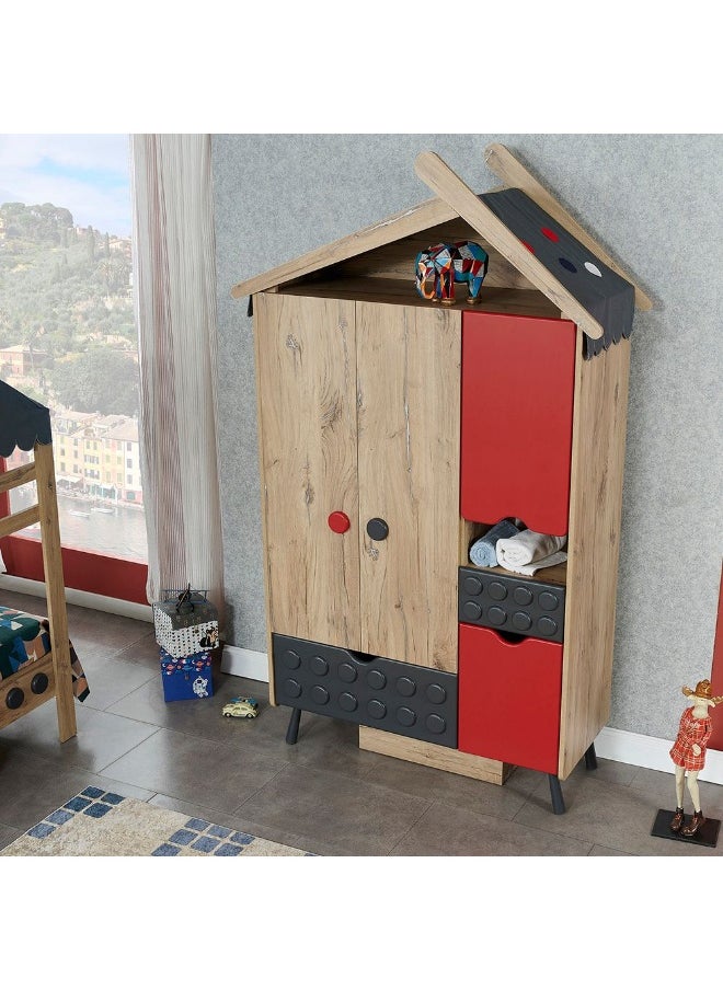DANUBE HOME Bricks 3 Door Wardrobe With 2 Drawers Extra Sturdy Closet, Clothes Storage Cupboard Modern Design Space Saving Swing Door Cabinet For Bedroom L55.6xW221.1xH160.2cm - Oak And Red/Grey  - Image 3