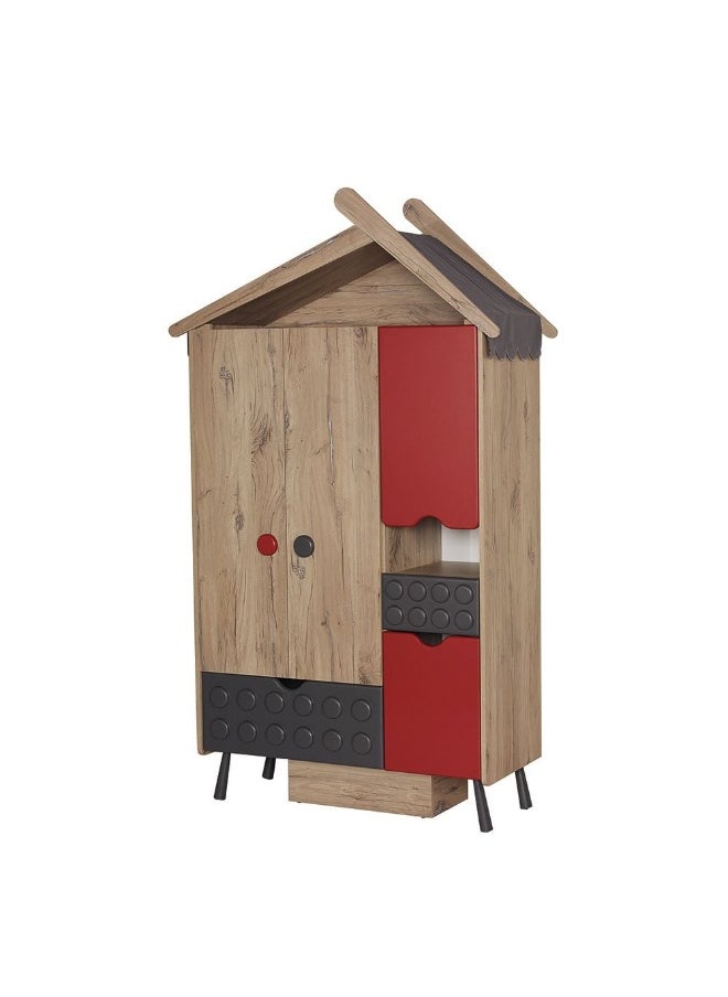 DANUBE HOME Bricks 3 Door Wardrobe With 2 Drawers Extra Sturdy Closet, Clothes Storage Cupboard Modern Design Space Saving Swing Door Cabinet For Bedroom L55.6xW221.1xH160.2cm - Oak And Red/Grey  - Image 4