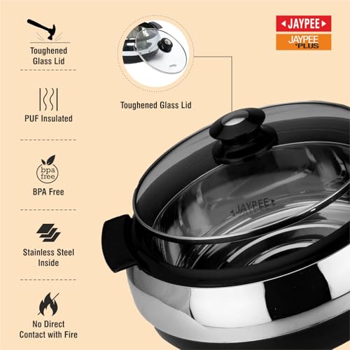 Jaypee Glasserol Serving Casserole Set Inner Stainless Steel Toughened Glass Lid PUF Insulated Hot Box |Roti Box| Easy to carry | Food Grade | Stackable, 1700 ml, Black - Image 2