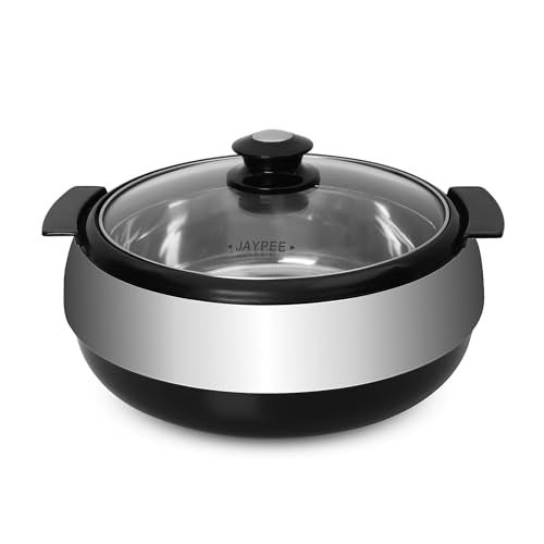 Jaypee Glasserol Serving Casserole Set Inner Stainless Steel Toughened Glass Lid PUF Insulated Hot Box |Roti Box| Easy to carry | Food Grade | Stackable, 1700 ml, Black - Image 1
