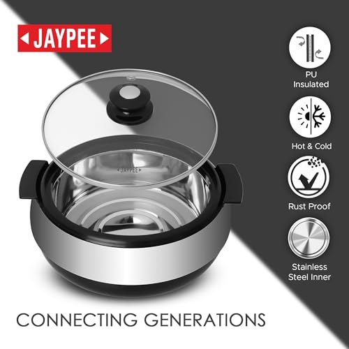 Jaypee Glasserol Serving Casserole Set Inner Stainless Steel Toughened Glass Lid PUF Insulated Hot Box |Roti Box| Easy to carry | Food Grade | Stackable, 1700 ml, Black - Image 5