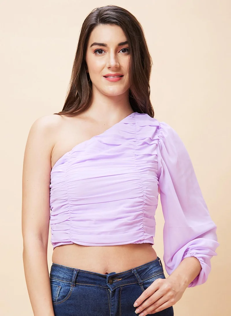 globus Globus Women Lavender Gathered Detailed One Shoulder Puff Sleeves Crop Top