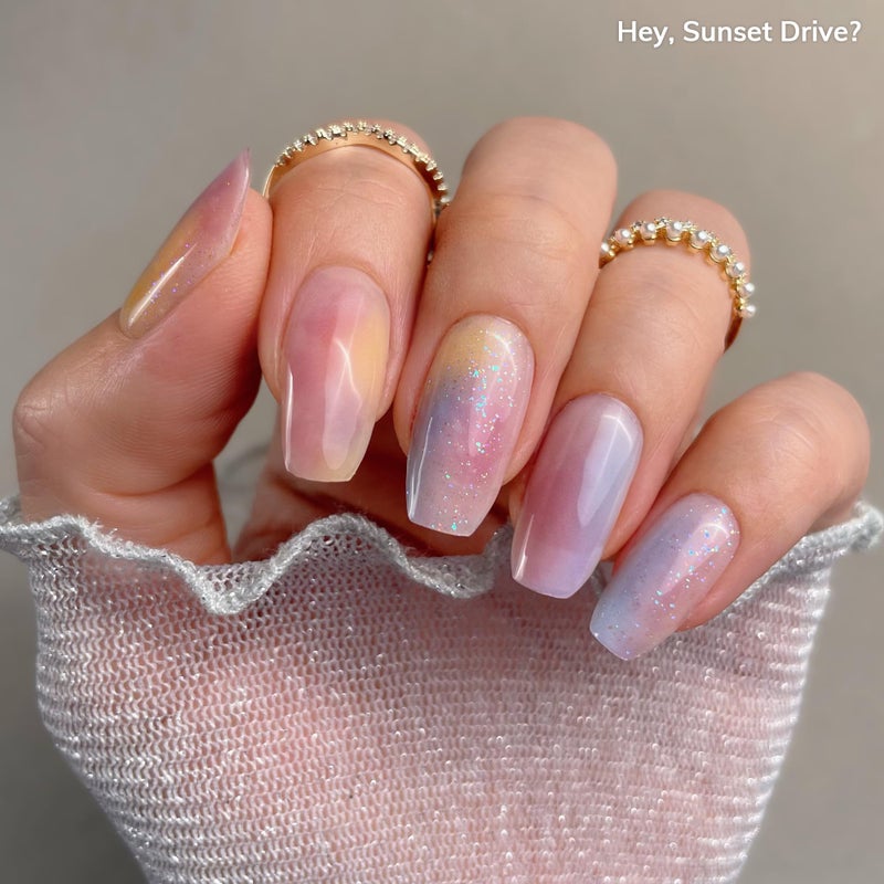Heyhae Semi Cured Gel Nail Strips | No LED Lamp Needed | Marble, Pink, Spring | Easy Apply & Remove, Salon Quality | Includes 28 Strips, 1 Prep Pads, Nail File & Wooden Stick - Hey, Sunset Drive? - Image 3