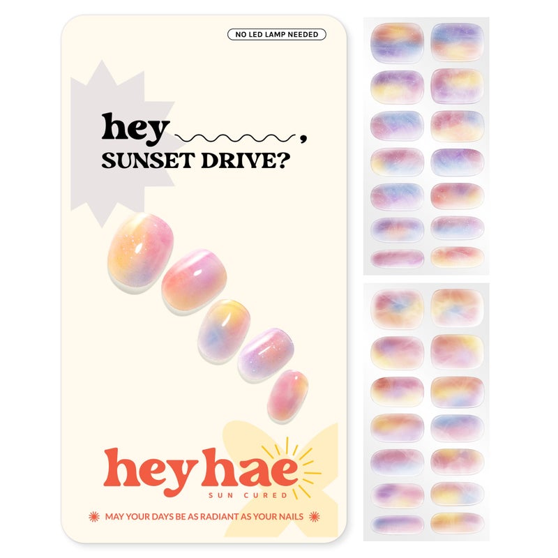 Heyhae Semi Cured Gel Nail Strips | No LED Lamp Needed | Marble, Pink, Spring | Easy Apply & Remove, Salon Quality | Includes 28 Strips, 1 Prep Pads, Nail File & Wooden Stick - Hey, Sunset Drive? - Image 1