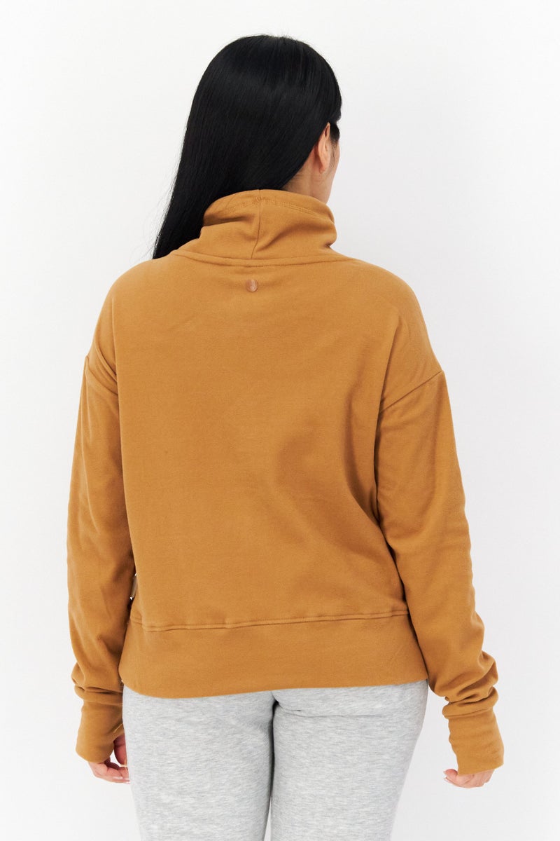 Bearpaw Women Cowl Neck Long Sleeve Plain Sweatshirt , Khaki - Image 4