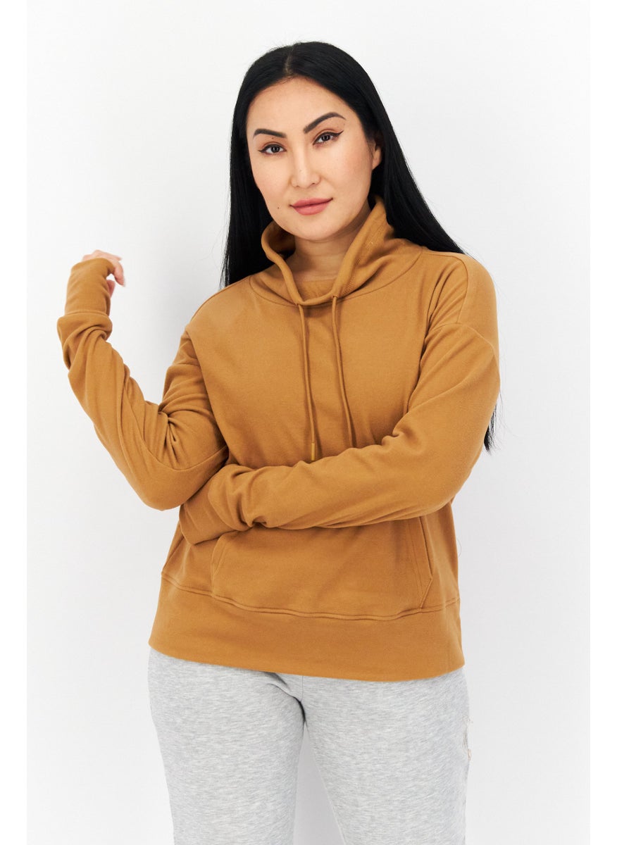 Bearpaw - Women Cowl Neck Long Sleeve Plain Sweatshirt , Khaki - Image 1