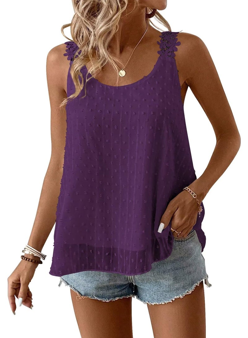 Falechay Spaghetti Strap Tank Top Petite Summer Tops Sleeveless Dark Purple Eyelet Swiss Dot Tank Top for Women Lace Bohemian Womens Shirts Crew Neck Womens Fall Blouses Loose Tunic Tops L - Image 1