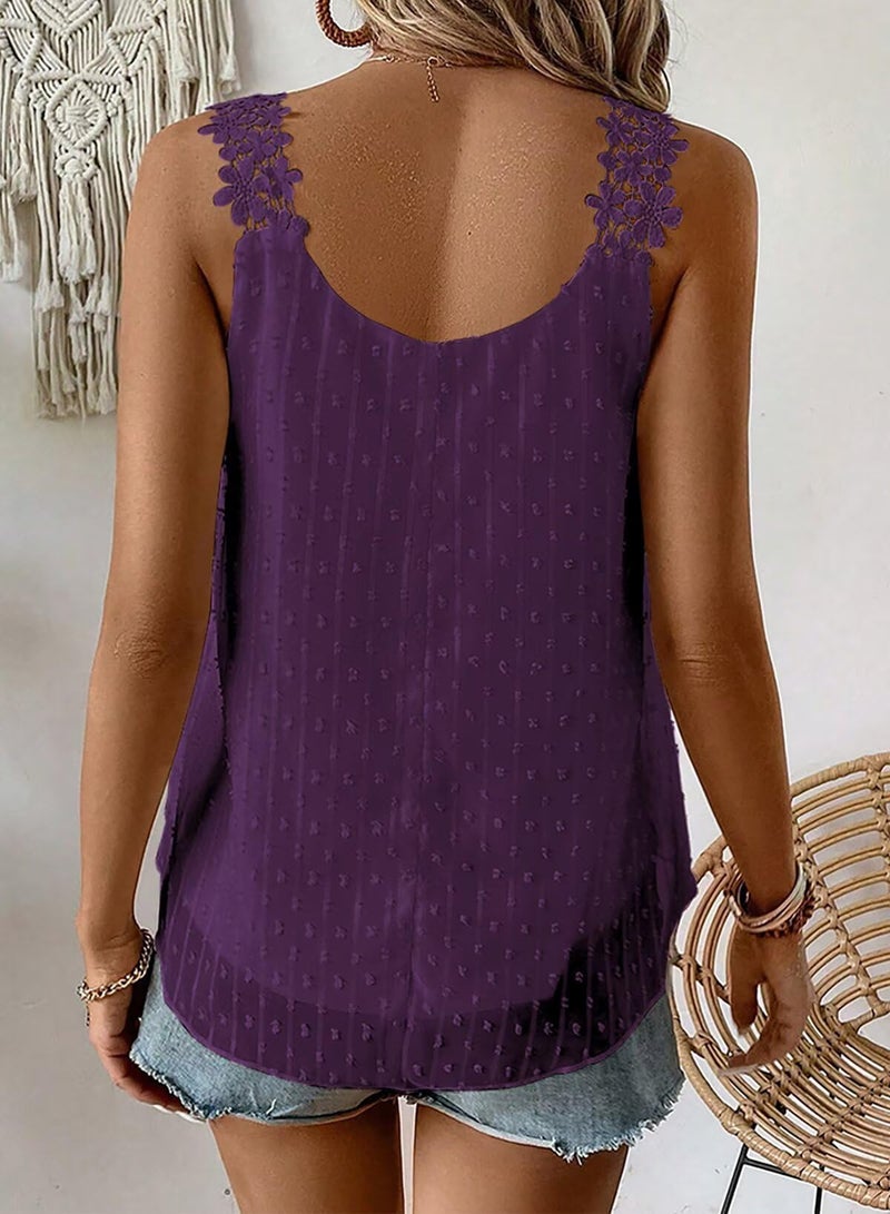 Falechay Spaghetti Strap Tank Top Petite Summer Tops Sleeveless Dark Purple Eyelet Swiss Dot Tank Top for Women Lace Bohemian Womens Shirts Crew Neck Womens Fall Blouses Loose Tunic Tops L - Image 3
