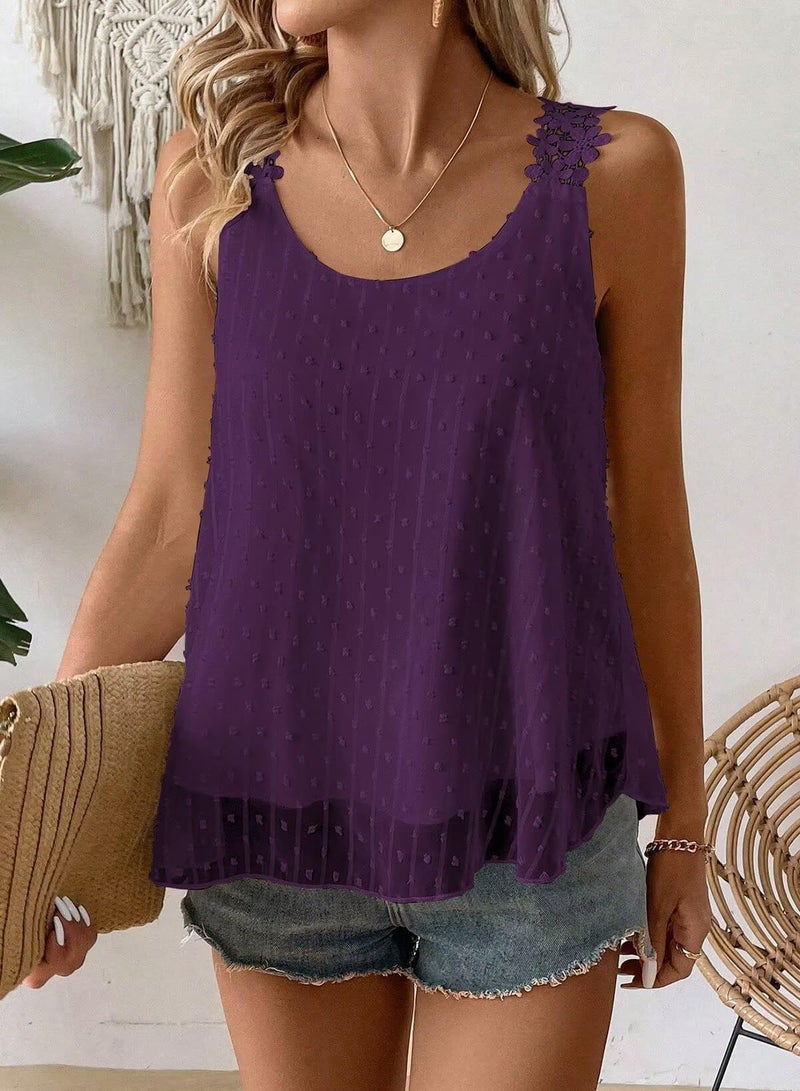 Falechay Spaghetti Strap Tank Top Petite Summer Tops Sleeveless Dark Purple Eyelet Swiss Dot Tank Top for Women Lace Bohemian Womens Shirts Crew Neck Womens Fall Blouses Loose Tunic Tops L - Image 2