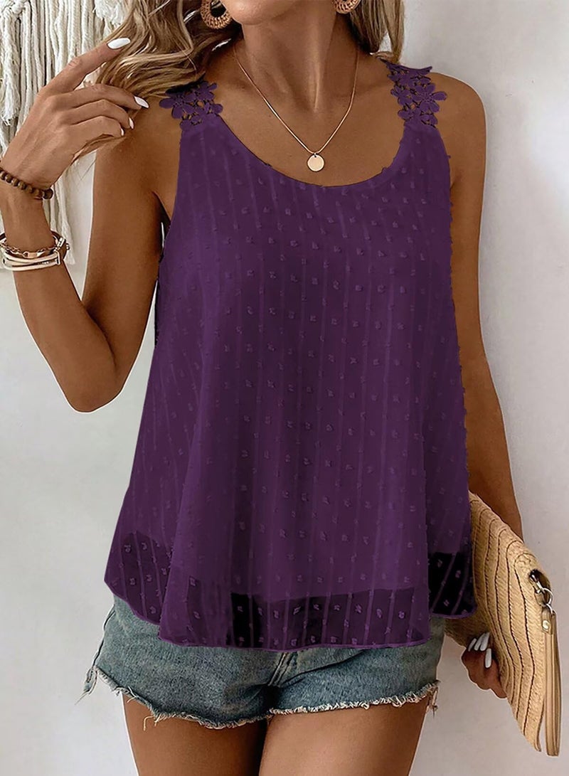 Falechay Spaghetti Strap Tank Top Petite Summer Tops Sleeveless Dark Purple Eyelet Swiss Dot Tank Top for Women Lace Bohemian Womens Shirts Crew Neck Womens Fall Blouses Loose Tunic Tops L - Image 4