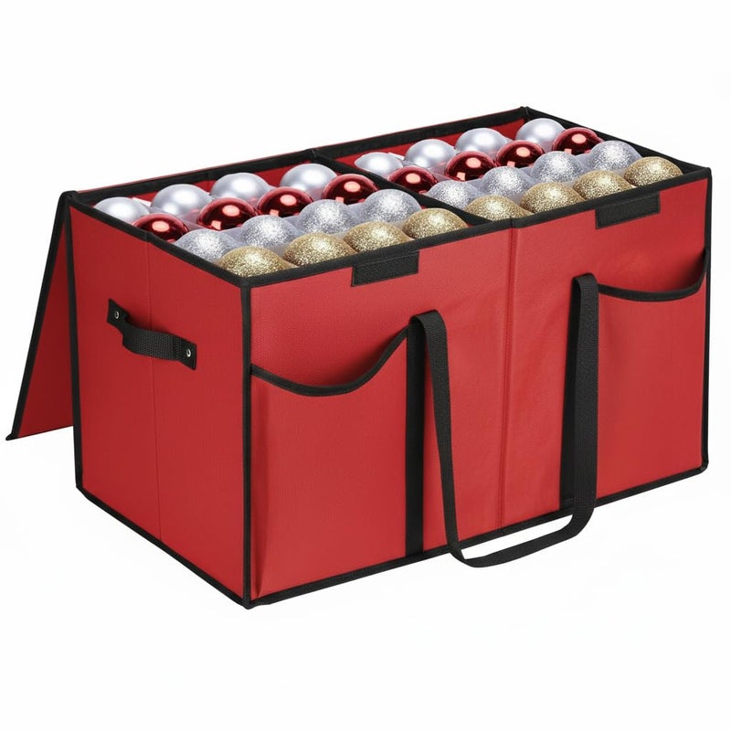 Mobi Lock Christmas Ornament Storage Box with Dividers & Pockets - Holiday Ornament Organizer Bag - Holds 128 Balls - Durable Red Fabric Container with Handles - Foldable Xmas Decorations Storage - Image 1