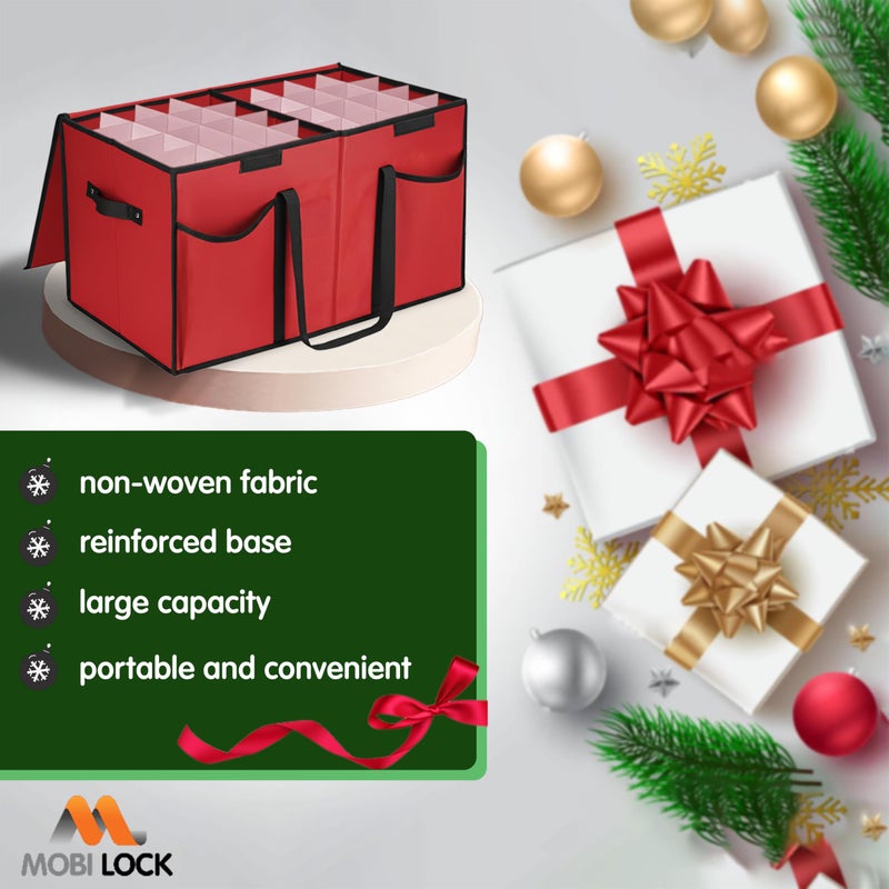 Mobi Lock Christmas Ornament Storage Box with Dividers & Pockets - Holiday Ornament Organizer Bag - Holds 128 Balls - Durable Red Fabric Container with Handles - Foldable Xmas Decorations Storage - Image 2