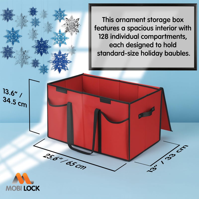 Mobi Lock Christmas Ornament Storage Box with Dividers & Pockets - Holiday Ornament Organizer Bag - Holds 128 Balls - Durable Red Fabric Container with Handles - Foldable Xmas Decorations Storage - Image 3