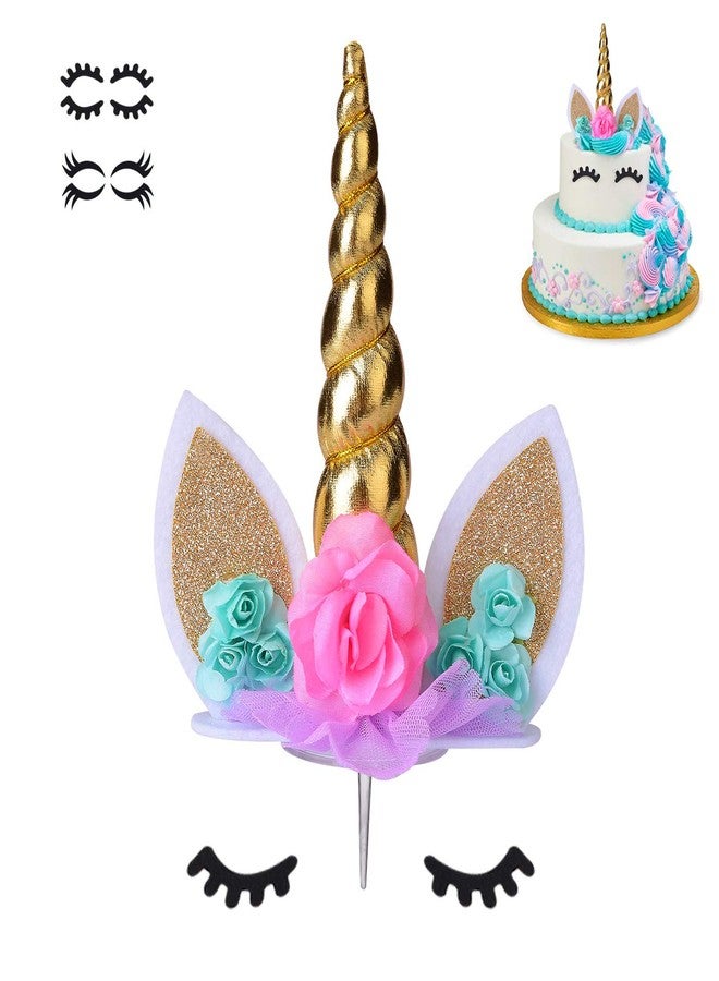coonoe Unicorn Cake Topper,Handmade Party Cake Decoration Supplies with multiple Eyelashes,Reuasble Gold Horn for Birthday Party,Baby Shower&Wedding… - Image 1