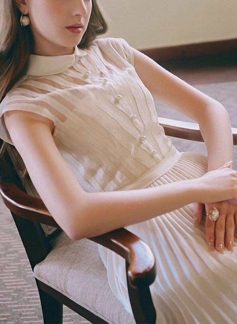 ميرين فستان ماكسي مطوي بطيات مشمشية مع صدّ شفاف وياقة بيتر بان - Image 3