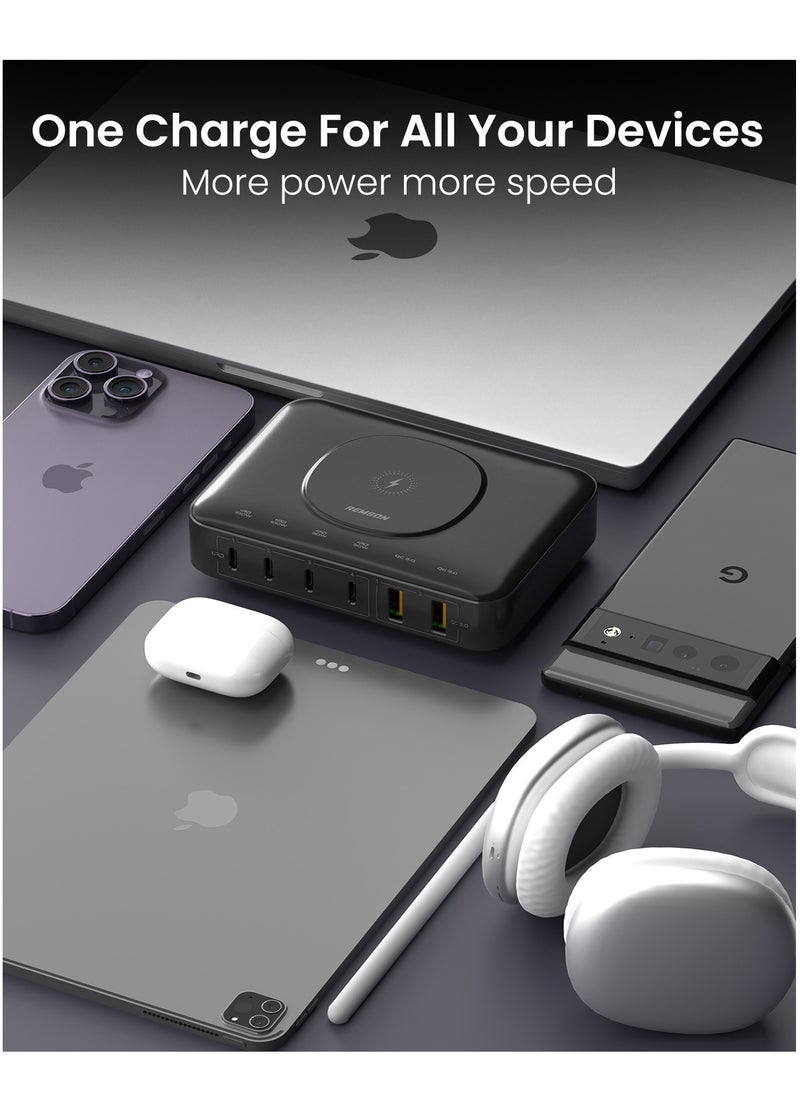 Remson - Remson 100W GaN Desktop Charger Portable Charging Station with 15W Wireless Charging, 4 PD USB-C and 2 QC USB-A Multiport for iPhone 14, 13, MacBook Pro, and More Electronic Devices - Image 1