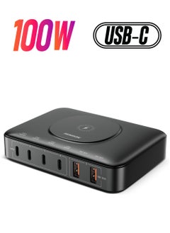 Remson Remson 100W GaN Desktop Charger Portable Charging Station with 15W Wireless Charging, 4 PD USB-C and 2 QC USB-A Multiport for iPhone 14, 13, MacBook Pro, and More Electronic Devices  - Image 1