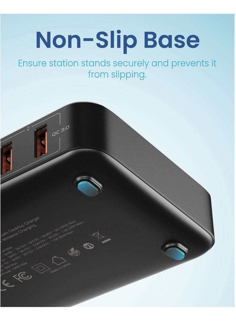 Remson - Remson 100W GaN Desktop Charger Portable Charging Station with 15W Wireless Charging, 4 PD USB-C and 2 QC USB-A Multiport for iPhone 14, 13, MacBook Pro, and More Electronic Devices - Image 1