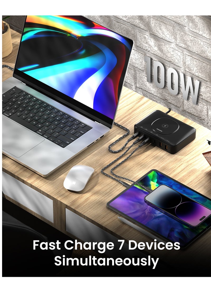 Remson - Remson 100W GaN Desktop Charger Portable Charging Station with 15W Wireless Charging, 4 PD USB-C and 2 QC USB-A Multiport for iPhone 14, 13, MacBook Pro, and More Electronic Devices - Image 1