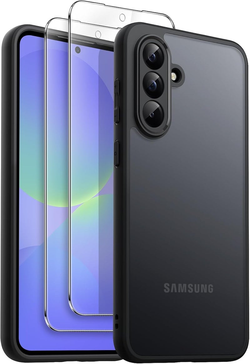 Jetech 3 In 1 Matte Case For Samsung Galaxy A36 5G With 2-Pack Tempered Glass Screen Protector, Translucent Frosted Shockproof Phone Cover With Camera Protection Black - Image 1