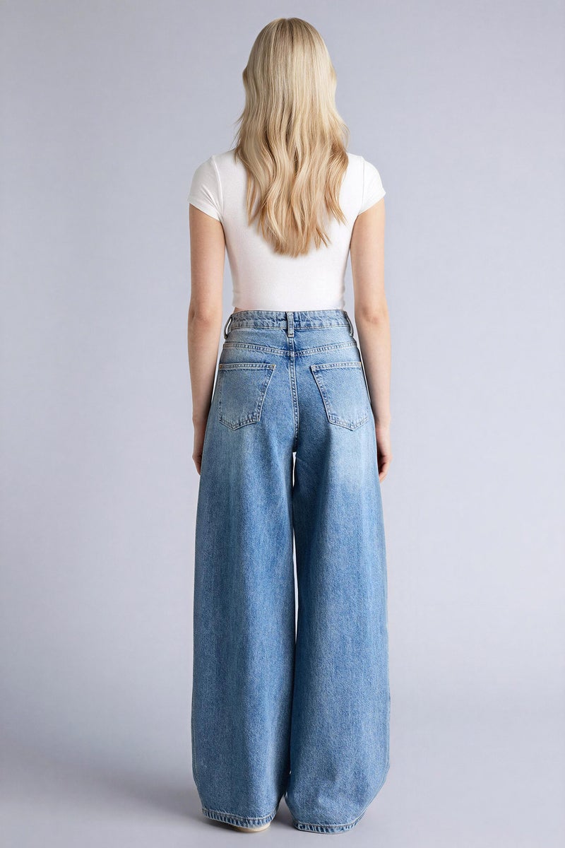 DeFacto Blue Woman Wide Leg Regular Waist Ankle Length Washed Jeans Casual - Image 5