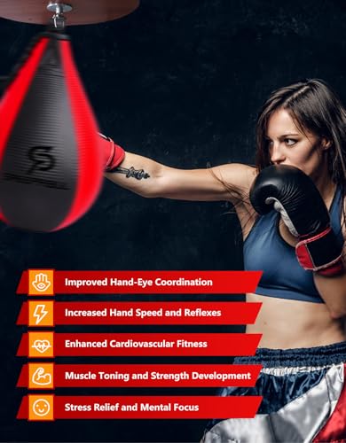 SAEEPABUL Speed Bag,Speed Bag for Boxing,PU Leather Reflex Training Pear Shaped Punching Bag,Fast Reaction Skills Development Perfect for Kids Teens Adults Boxing Coaches Maya Black & Red - Image 5