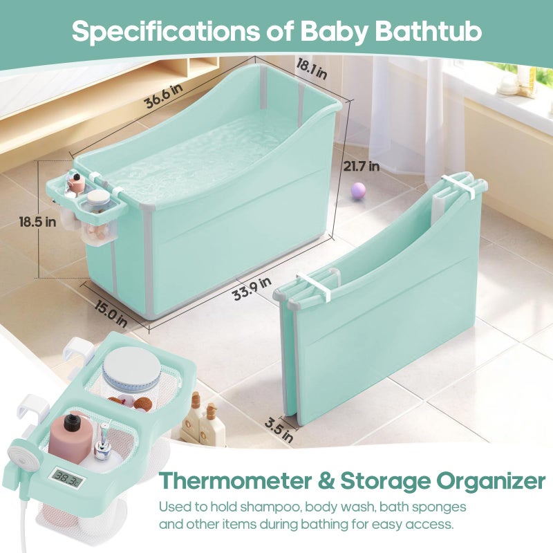 joyingbaby Collapsible Baby Bathtub Foldable Bathtub for Toddler Portable Large Foldable Bath Tub Bathtub for Kids Petite with Thermometer and Storage Basket (Green) - Image 2
