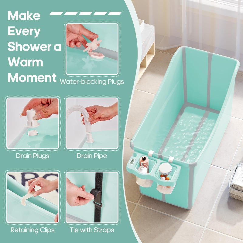 joyingbaby Collapsible Baby Bathtub Foldable Bathtub for Toddler Portable Large Foldable Bath Tub Bathtub for Kids Petite with Thermometer and Storage Basket (Green) - Image 4