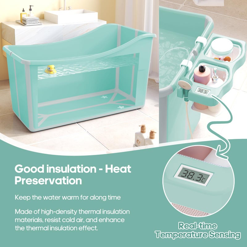 joyingbaby Collapsible Baby Bathtub Foldable Bathtub for Toddler Portable Large Foldable Bath Tub Bathtub for Kids Petite with Thermometer and Storage Basket (Green) - Image 5