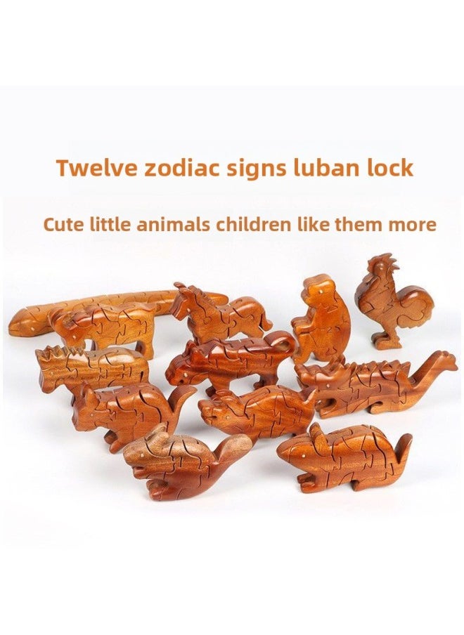 null - 12 Zodiac Luban Lock Building Blocks Removable Luban Full Set Of Falcon Structure Overlord Assembled Mortise And Tenon Model-Color:Qing Sheng - Image 1