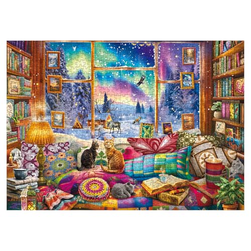 BBOLDIN Winter Book Nook Puzzle 1000 Piece for Adult Cozy Cabin Northern Lights Jigsaw Puzzle Cat Animals Puzzles - Image 1