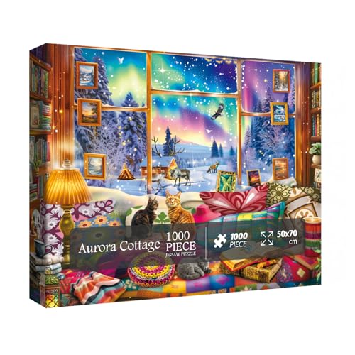 BBOLDIN Winter Book Nook Puzzle 1000 Piece for Adult Cozy Cabin Northern Lights Jigsaw Puzzle Cat Animals Puzzles - Image 5