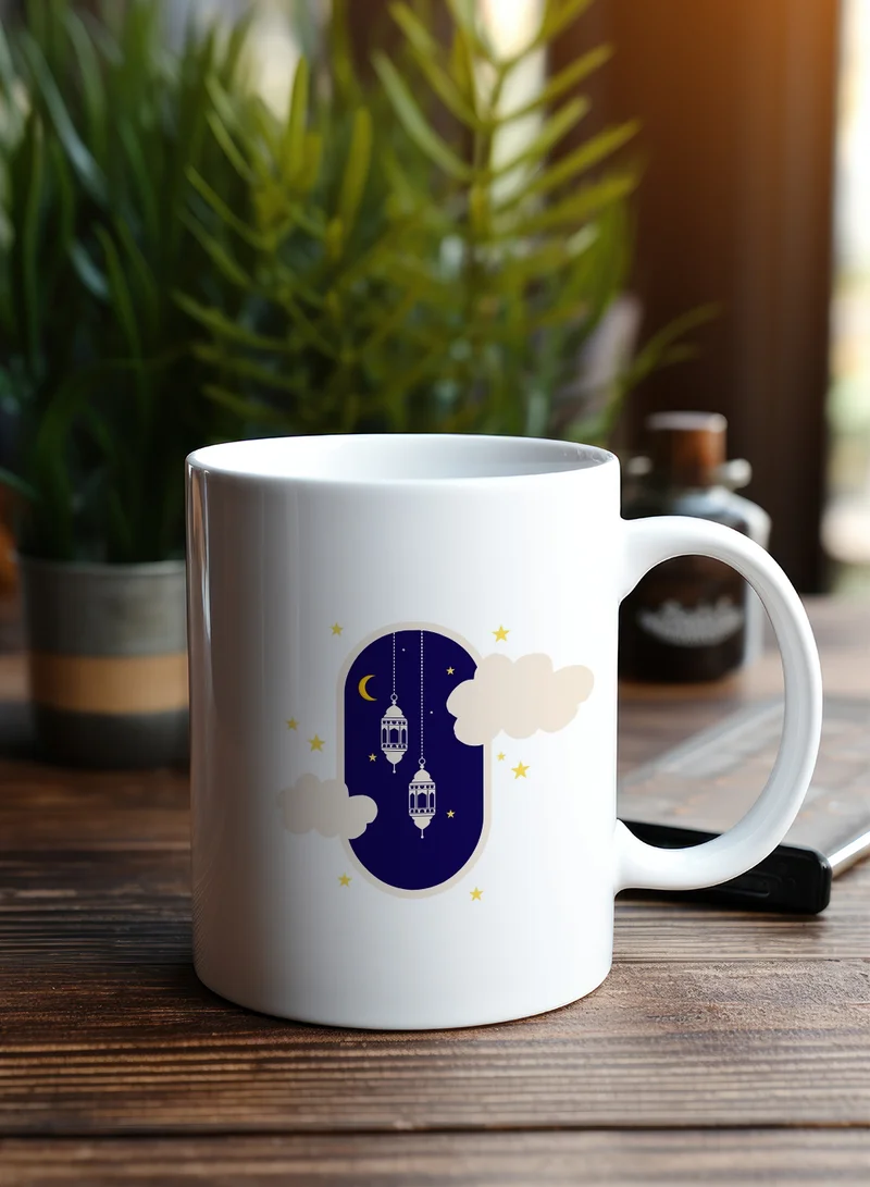 LOWHA 11 oz Ceramic Mug with Ramadan Crescent and Lanterns Design