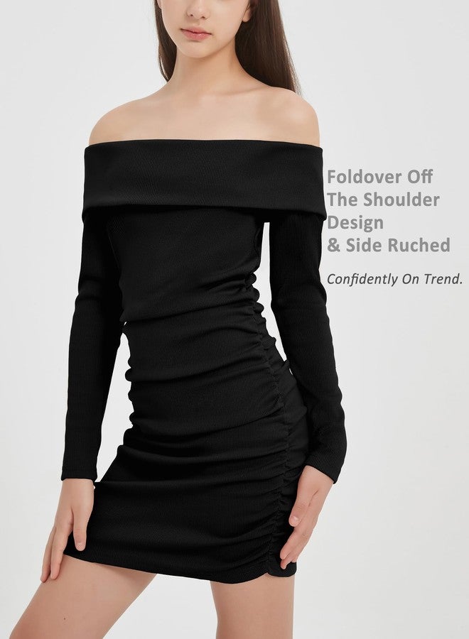 EXARUS Girls Long Sleeve Sweater Dress Bodycon Off Shoulder/Scoop Neck Ruched Ribbed Knit Tight Pencil Mini Dresses, Off Shoulder Black, 12 Years - Image 2
