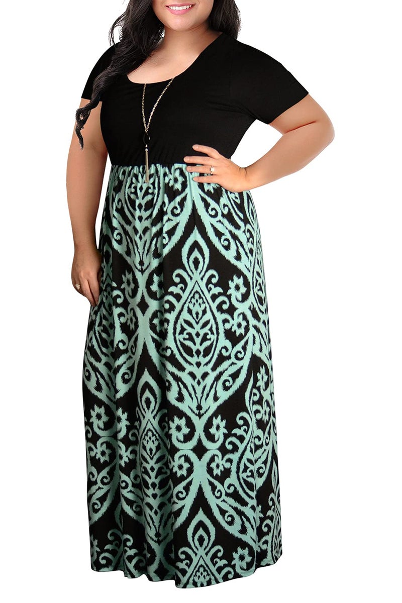 Nemidor Plus Size Maxi Dresses for Curvy Women Casual Summer Short Sleeve Chevron Print Long Dress with Pocket 142615518Blue