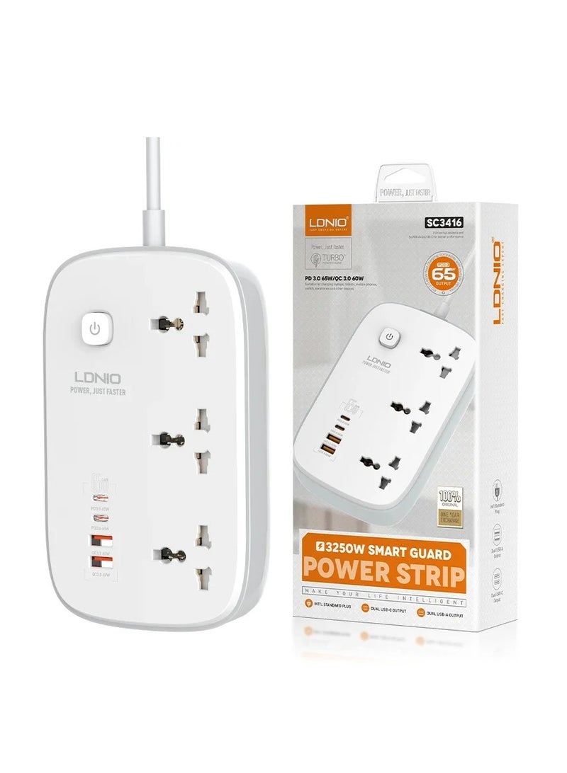 لدنيو محول الطاقة، واقي التيار الكهربائي لقطاع الطاقة SC3416 | شريط سلك كهربائي 3 منافذ 65 وات 4 منفذ USB GaN منفذ USB متعدد وصلة شريط الطاقة مقبس تمديد الخنزير مع 2USB و2 شريط طاقة من النوع C - Image 1