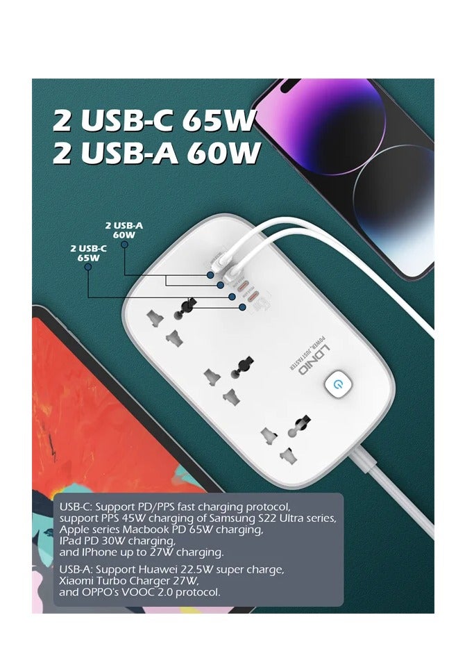 لدنيو محول الطاقة، واقي التيار الكهربائي لقطاع الطاقة SC3416 | شريط سلك كهربائي 3 منافذ 65 وات 4 منفذ USB GaN منفذ USB متعدد وصلة شريط الطاقة مقبس تمديد الخنزير مع 2USB و2 شريط طاقة من النوع C - Image 3