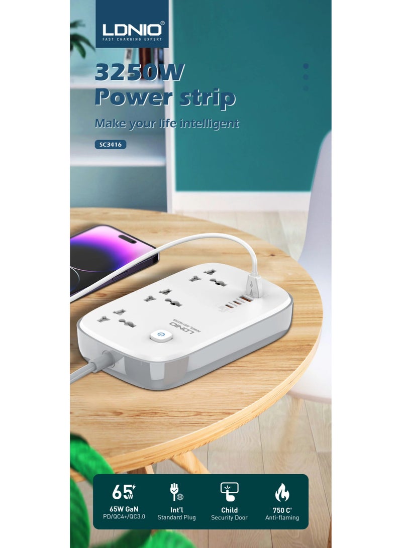 لدنيو محول الطاقة، واقي التيار الكهربائي لقطاع الطاقة SC3416 | شريط سلك كهربائي 3 منافذ 65 وات 4 منفذ USB GaN منفذ USB متعدد وصلة شريط الطاقة مقبس تمديد الخنزير مع 2USB و2 شريط طاقة من النوع C - Image 4